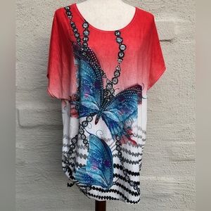 Portman Fashion Diamonds & Butterflies Rhinestone Shirt. Size- 3XL